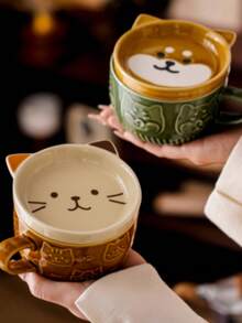 Cartoon Shiba Inu & Cat Ceramic Mug Set, 1 Set (350ML), Cute Embossed Household Coffee/Breakfast Milk Cup With Lid, Microwave Friendly, Creative Snack Plate, Birthday Gift Back To School