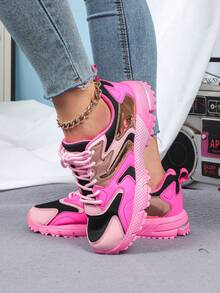 Women's Breathable And Comfortable Multi-Color Stitching Sports Shoes, Walking Tennis Shoes, Lightweight Casual Outdoor Women's Shoes, Suitable For Gym Travel Work Gift - 黑玫粉 - 查看 2