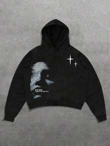 Manfinity Streetrush Men's Face & Letter Print , Casual Minimalist Graphic Streetwear Pullover Sweatshirt2025 - 黑色 - 查看 1