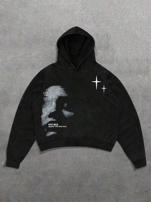 Manfinity Streetrush Men's Face & Letter Print , Casual Minimalist Graphic Streetwear Pullover Sweatshirt2025