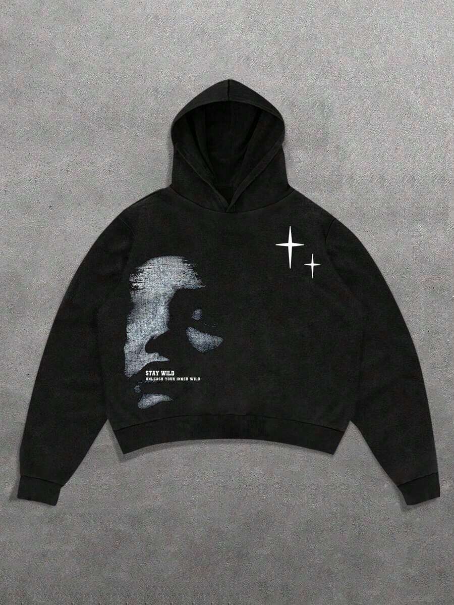 Manfinity Streetrush Men's Face & Letter Print , Casual Minimalist Graphic Streetwear Pullover Sweatshirt2025 - 黑色 - 查看 1