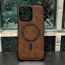 Retro Crazy Horse Leather Diamond Texture Magnetic Phone Case Compatible With IPhone 17 16 Pro Max 15 14 13 12 Pro Max For MagSafe Wireless Charging Simple Leather Texture Cover - Brown - View 3
