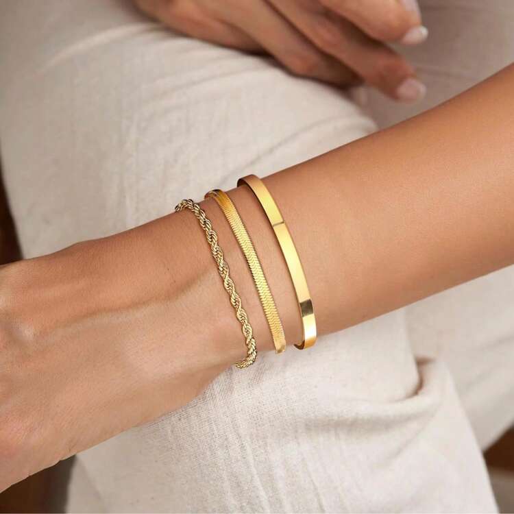 3-Piece Luxury Women's Bracelet Set: Chain Bracelet + Polished Metal Bracelet + Snake Bone Bracelet - 金色 - 查看 2