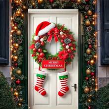 1pc, 35.4x70.8 Inches (90x180 Cm), Merry Christmas, 2D A Christmas Curtain Design Themed Around Santa Claus Hats And Socks, Made Of Polyester, Suitable For Birthdays, Parties, Celebration Events, Indoor/Outdoor Decoration, Home, Porch, Lawn, Garden, Courtyard Decoration, Universal Theme, With Holes For Easy Hanging