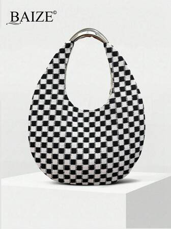 Winter Women's Basic Fashion Black And White Colorblock Handbag Shoulder Bag, Brown Bag, Lightweight, Business Casual Hobo Bag, Perfect Commuter Handbag, Women's Handbag, Daily Match, Travel Essentials, Elegant, Sophisticated, Suitable For Party Ladies, Brides, Very Suitable For Parties, Dinners/Banquets, Bridesmaid Gifts