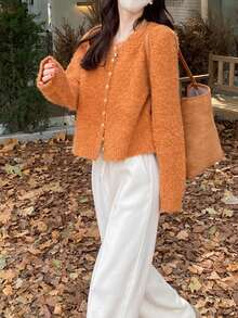 Alicedudu Women's Autumn/Winter New Special Yarn Round Neck Cardigan Sweater - Orange - View 3