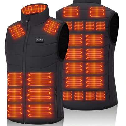 1件男女通用黑色加热背心，USB电热时尚立领加热夹克，具有26个加热区，智能4档温度控制，带USB线（不含移动电源），是冬季户外活动（如徒步旅行、滑雪和钓鱼）的理想选择。
