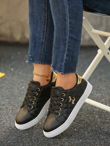 Women's New Black Flat Round Toe Lace-Up Lightweight Casual Sports Sneakers, Versatile Trainers For Students, Multiple Colors Available, Suitable For Spring And Autumn