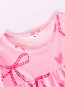 Valentine's Day Girls Nightgown, Dreamy Pink Bow & Heart Design Ruffle Flare Sleeve Sweet Girls Sleepwear - Pink - View 4