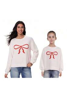 Mommy And Me Matching Outfits Bow Pattern Long Sleeve Round Neck Knitwear Fall Winter Sweaters - White - View 5