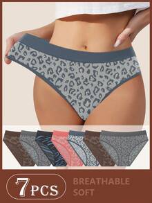 MEIYATING 7pcs/Pack Women's Low Waist Seamless Panties, Leopard Print Pattern, High Elasticity & Comfortable Fit