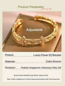 jealous young 1件装奢华四叶草立方氧化锆订婚手链，女士时尚闪亮魅力手镯，适合派对、宴会、婚礼和日常佩戴 - 金黃色 - 查看 3