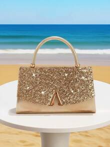 Women's Evening Bag, Glittering Fabric Fashion Clutch, Large Capacity Handbag, Luxury V-Shape Metal Decor, Suitable For Wedding, Party, Gathering, Evening, Birthday Gift, Valentine's Day Gift ,Wedding , Wedding , Valentines Gifts, Party Bags, Wedding Items - Gold - View 2