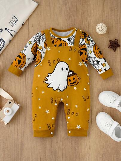 Halloween Pumpkin, Ghost, Spider Web Printed Jumpsuit For Baby Boy& Girls, Indoor & Outdoor Costume