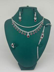 4pcs/Set European & American Style Cubic Zirconia Copper Red & Blue Cubic Zirconia Bridal Wedding Gown Evening Dress Multi-Layer Tassel Necklace, Earrings, Ring, Bracelet Jewelry Set - Red - View 5