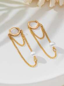 1 par de pendientes de cadena de perlas falsas de moda viral 2025