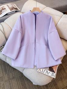 女士优雅常规长度薰衣草色梭织面料大衣，立领，落肩设计 - 淡紫色 - 查看 2