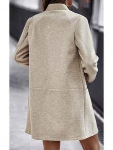 Women's Long Sleeve Stand Collar Mid-Long Open Front Cardigan Overcoat With Zipper Pockets, Fashionable Outerwear BLSO - Khaki - View 2