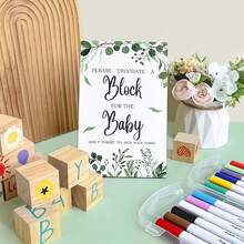 43 pièces Ensemble de jeu pour Baby Shower, Idées uniques pour Baby Shower, comprenant 30 blocs en bois vierges DIY, 12 marqueurs et 1 panneau de jeu "Décore un bloc" pour la fête de révélation du sexe du bébé