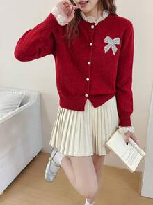 2025秋冬新品优雅甜美蕾丝边水钻蝴蝶结针织开衫，柔软舒适的女士毛衣外套 - 紅色 - 查看 3