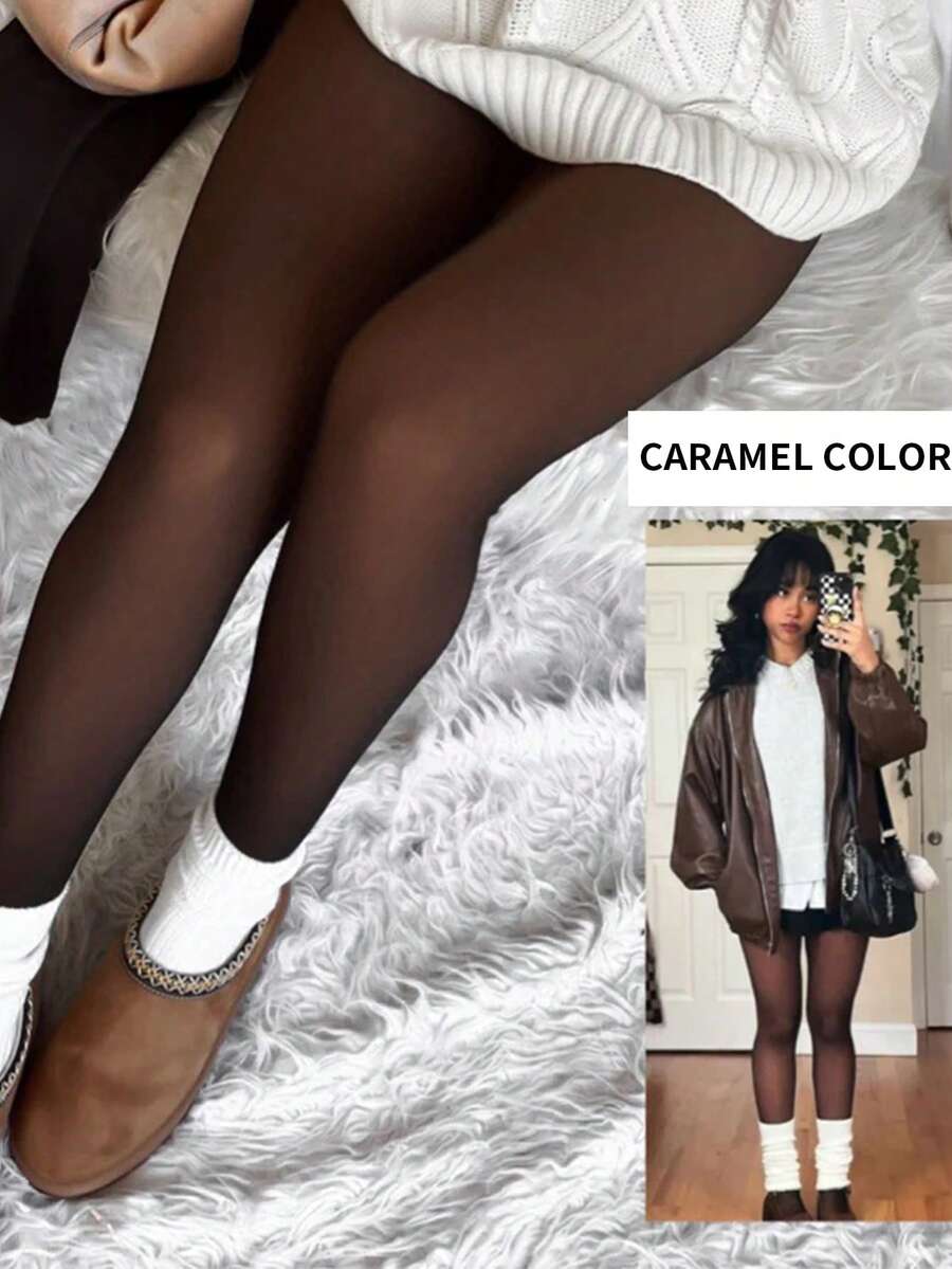 Woman Thermal Tights Sexy Translucent Fleece Leggings Pantyhose Slim Winter Warm Thick Velvet Stockings Female Streetwear Pants - 黑透焦糖色 - 查看 1