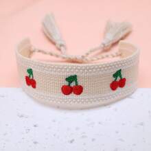 1 Stück kreative bestickter Pfirsich Handgemachter gewebter Vintage Quasten Boho Lässig Urlaubsstil süßes Armband, geeignet als Geschenk für Familie, Freunde, Studenten, Feiertage, Partys, Reisen - Beige - Übersicht 3
