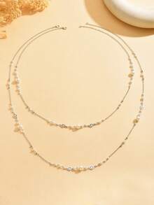 1 套 2 件奢华别致仿珍珠多层项链、复古流苏毛衣链、精致镂空花链长项链和吊坠适合女性日常、度假、派对佩戴 - 銀色 - 查看 5