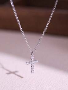 1pc Stainless Steel Cross Necklace With Zirconia, Suitable For Women's Daily Wear - Silver - View 8