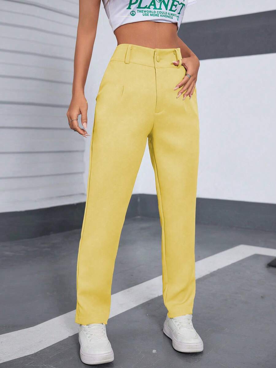 A&DD MODA, REF: 505 - Women's Tailored Straight Leg Pants, Elegant Solid Color, Chic Women's Dress Pants, Sophisticated Women's Suit, Fitted Fit, Formal Piece, Premium Quality Fabric, Refined Look, Ideal For Office And Events, Tailored Pants, Comfort And Style - 黃色 - 查看 1