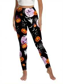 Womens Halloween Leggings High Waist Pumpkin Print Slim Fit Workout Pants Pajama Bottoms - Black - View 3