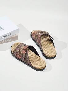 1 Pair Men's Summer Fashion Slide Sandals, Suitable For Daily Outdoor Activities, Beach Leisure Vacation, Metal Double Buckle Design, Adjustable Upper, Fresh Summer Outfit, Indoor Bathroom Slippers, Tropical Print Flip Flops