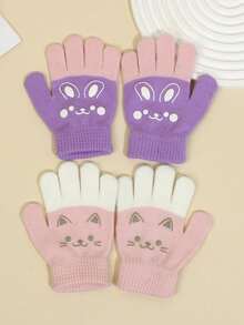 2 Pares De Guantes Tejidos Para Niña Con Bonito Patrón De Gato Y Conejo, Adecuados Para Actividades Al Aire Libre Y Uso Diario, Otoño E Invierno - Multicolor - Ver 6