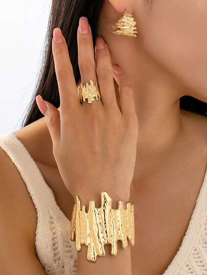 4pcs Asymmetrical Bark Texture Bracelet, Ring, Earring Jewelry Set, Fashionable & , Suitable For Women Party & Street Wear