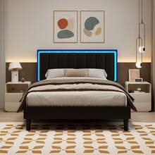 Twin / Full/ Queen/ King Size Bed Frame With LED Light, Upholstered Bed Frame With Headboard, No Box Spring Needed, Easy Assembly, White/ Pink/ Black, Twin / Full/ Queen/ King ( USB LED Strip) - màu đen - Xem 15