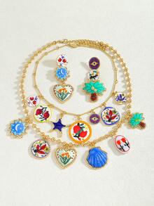 Bộ 4 khuyên tai hình cây cọ và hoa bằng nhựa, khuyên tai và vòng cổ hình hoa cổ điển Bohemian, vòng cổ mặt dây chuyền bằng nhựa nhiều màu, phù hợp cho trang phục hàng ngày, kỳ nghỉ, tiệc tối, trang sức thanh lịch của phụ nữ (Vị trí mặt dây chuyền ngẫu nhiên) - nhiều màu - Xem 7