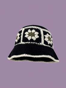 1pc Unisex Knitted Bucket Hat, Handmade Embroidered Bucket Hat, Warm & Windproof, Suitable For Spring & Autumn, Outdoor, Street, Retro Wave Brim