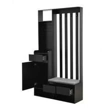 Flurgarderobe mit gepolsterter Aufbewahrungsbank, multifunktionaler Flur-Schuhschrank mit Stecktafel, moderne Garderobe mit 4 Haken für Eingangsbereich, Waschküche, Schwarz,H180/B100/T35 cm