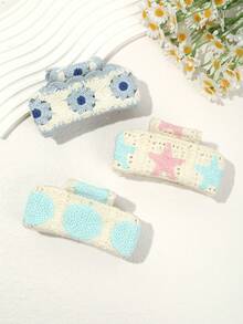 1 pezzo Fermaglio per capelli in maglia con stampa floreale e a stelle, elegante, minimalista, versatile, adatto per uso quotidiano, design unico, accessorio per capelli di alta qualità per la moda autunnale delle donne, fermaglio per capelli con fiori, fermagli per capelli autunnali, accessori per capelli invernali per le donne, adatti per gli outfit da vacanza