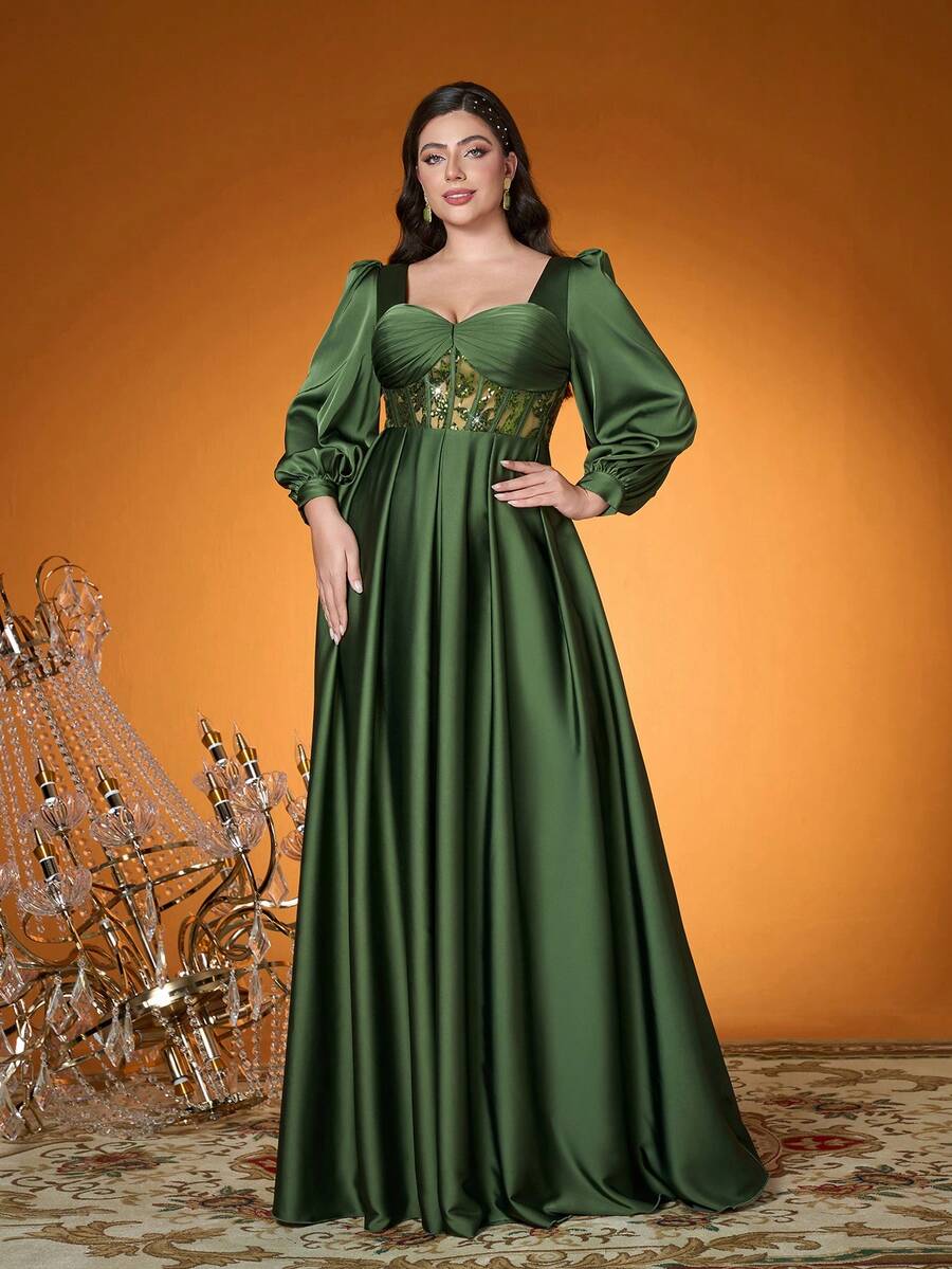 Mgiacy,New Arrival,Elegant,Plus Size Ball Dress,Ruffle,Sequin,Perspective,Lantern Sleeve,FOR,Prom Wedding,Graduation,Wedding Guest,Party Dress,Wedding Guest Dress, Evening Dress