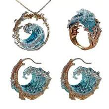 Wave Necklace Set Creative New Light Luxury Ocean Wave Design Ring Earrings Versatile With Gold Decoration Perfect For Beach Theme Gifts Beach Accessories Elegant Jewelry Set Detailed Wave Design - Nhẫn vàng - Xem 3