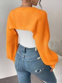 宽松休闲纯色不对称下摆罗纹短款毛衣 - 橘色 - 查看 2