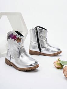 秋冬刺绣图腾靴，耐磨保暖舒适平底西式百搭婴儿靴 - 銀色 - 查看 3