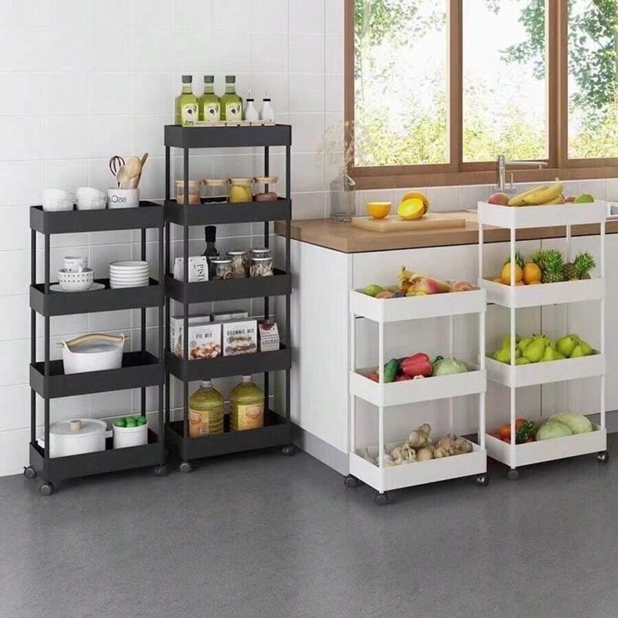 **Carrito Organizador de 4 Niveles con Ruedas y Ganchos – 90cm Altura |   Plástico duradero |   Para Baño, Cocina o Sala,negro  o blanco |   Hecho en México* - Blanco - Ver 1