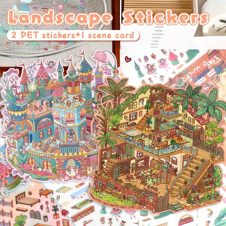 New Large Size DIY Scene Stickers, Adult Landscape Stickers, House Stickers, Scrapbooking Stickers, 3D Miniature House Micro Landscape Stickers, DIY Scrapbook Stickers, Landscape Stickers, Scenery Stickers, Notebook Stickers, Reusable, Multiple Sizes Available