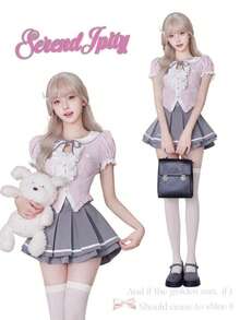 Girl Coconut Korean Academy Senkin Summer New Pink Shirt Top Gray High Waist Pleated Skirt Pleated, Strap, Embroidery Flying Sleeve Urban Style Temperament Commuter - Áo tay ngắn màu bột - Xem 4