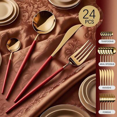 24pcs Portuguese Style Stainless Steel Cutlery Set, Includes Knives, Forks, Spoons And Tea Spoons, Dishwasher , Suitable For Home, Kitchen, Restaurant, Hotel, Party, Wedding, Perfect For Halloween, Thanksgiving, Easter, Christmas And Other Holidays, Kitchen Supplies - Multiple Colors Available