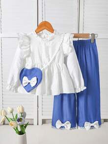 3pcs/Set Young Girls Casual Outfit, Soft & Comfortable Fabric, White T-Shirt, Blue Pants, Heart Decor Backpack, Bowknot Decor, Suitable For 4-7 Years Old, Daily Wear, Long Sleeve Top & Pants Set