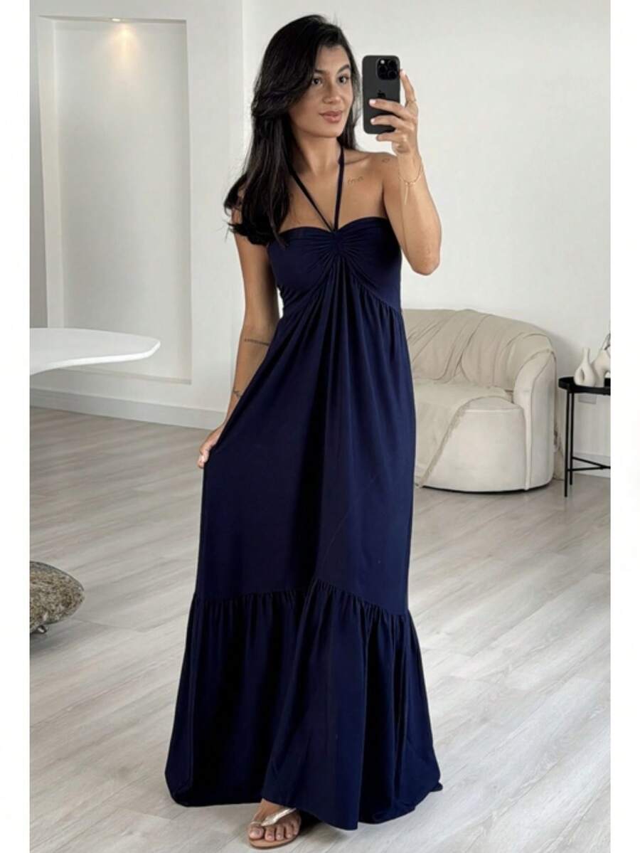 Women's Long Fluid Strapless Dress With Tie - 藏蓝色 - 查看 1