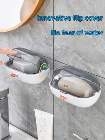 1pc Flip-Top Soap Dish, Water-Proof & Hole-Free Wall-Mounted Design, Special Drainage Storage Box For Bathroom, Suitable For Bathroom Storage, Toilet Organization, Soap Moisture-Proof Storage