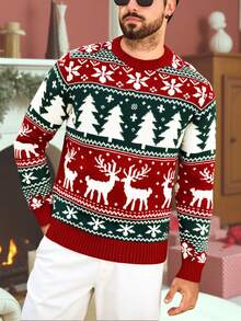 Christmas New Men's Sweater, Autumn/Winter Round Neck Knitted Sweater, Essential For Christmas - Red - View 3